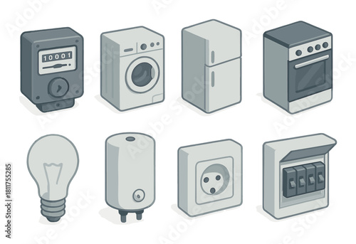 Home appliance icons set: washer, refrigerator, stove, light bulb, water heater, socket, switches