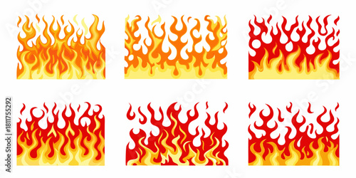 Collection of stylized flame graphics in various orange and red hues