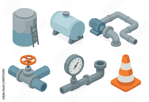 Industrial equipment set featuring tanks, pipes, valves, and safety cone