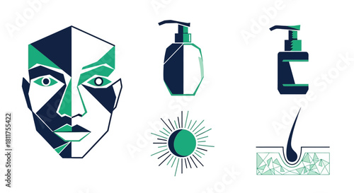 Geometric icons representing skincare, beauty products, sun protection, and human skin biology.
