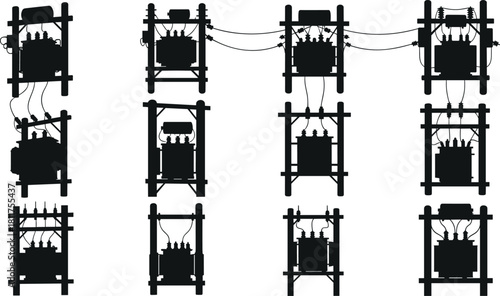 Silhouette vector illustration of electrical transformers mounted on utility poles—technical infrastructure layout for power distribution, engineering, planning, and utility reference