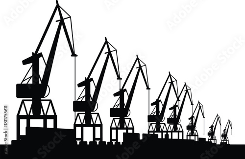 Industrial crane silhouettes, port machinery, cargo handling equipment, maritime infrastructure, heavy lifting cranes, shipyard operations, mechanical structures, logistics, 
