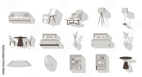 Isometric furniture set: sofa, armchair, table, bed, lamp, vase, shelf, rug, and decor elements.