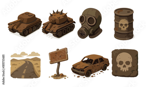 Rusty apocalypse icons: tanks, gas mask, barrel, road, car, skull