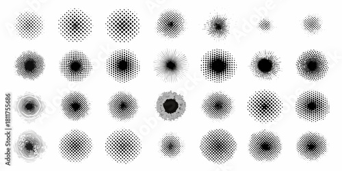 Collection of diverse halftone and radial dot pattern graphic elements