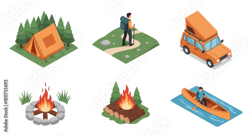 Isometric camping icons: tent, hiker, camper van, campfire, and canoe.