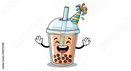 Cartoon illustration of a happy bubble tea drink with a party hat, arms, and hands, celebrating.