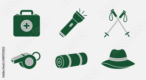Hiking and camping equipment icons: first aid kit, flashlight, poles, whistle, mat, hat.