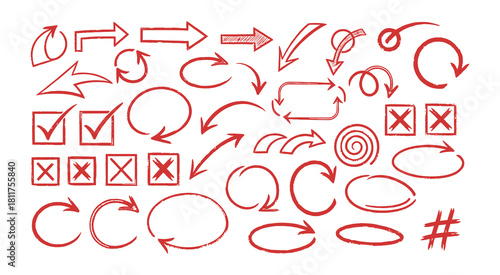 Hand drawn arrows circles checkmarks boxes and shapes collection for design projects