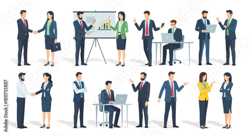 A collection of vector illustrations depicting business people in various corporate poses and work situations.