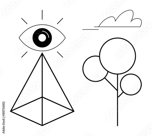 Eye atop geometric pyramid radiating attention near symbolic tree and cloud. Ideal for vision, surveillance, nature, mysticism, geometry, minimalism, future insights. Simple flat metaphor