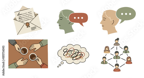 Illustrations depicting communication, connection, and interpersonal relationships.