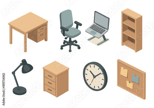 Isometric office furniture set with laptop, desk, chair, lamp, and clock