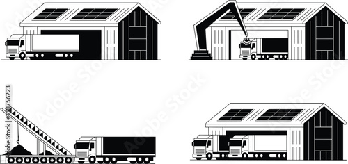 Industrial logistics illustration, solar panel warehouse, truck unloading, construction activity, material handling, sustainable infrastructure, black and white, 