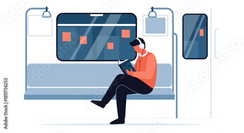 A man wearing headphones reads a book while commuting on a public subway train.