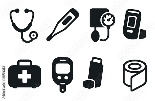 Healthcare icons set: stethoscope, thermometer, blood pressure monitor, inhaler, and more