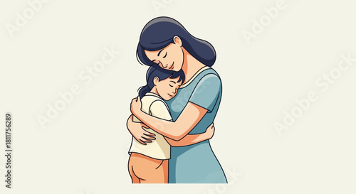 A heartwarming illustration of a mother lovingly hugging her child, depicting a strong family bond and affection.