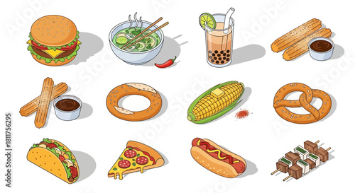 Isometric illustration of various delicious food items, including burgers, noodles, drinks, and snacks.