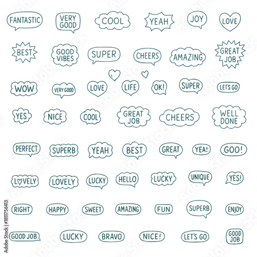 Vector illustration of speech bubbles featuring positive messages such as "Fantastic," "Very Good," and "Awesome". Includes various shapes and styles conveying uplifting expressions.