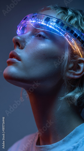Futuristic woman portrait with glowing neon cybernetic headband
