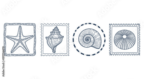 Hand-drawn nautical elements four square designs starfish seashell abstract patterns vintage style