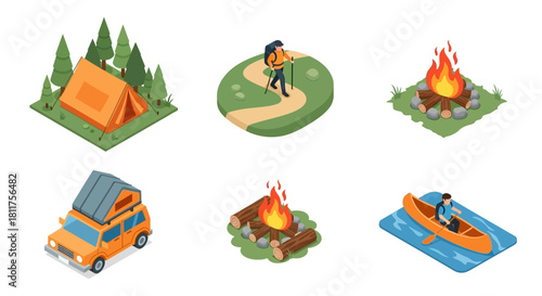 Isometric camping and outdoor adventure icons set with tent, campfire, hiking, car, and canoeing.