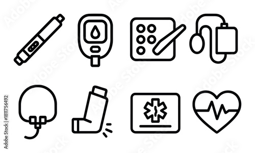 Medical equipment icons: blood sugar monitor, inhaler, ecg, heartbeat, pills, blood pressure