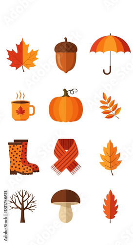 Autumn elements featuring leaves pumpkin and clothing