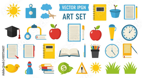 A diverse set of colorful flat design icons representing school, learning, and education concepts on a white background.