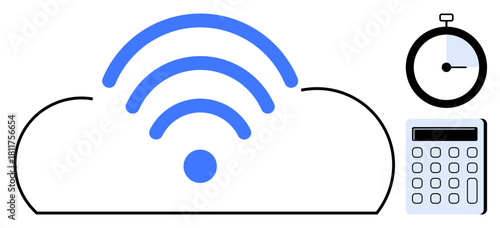 Cloud with wireless signal, stopwatch, and calculator symbolizing data transfer, efficiency, and technology. Ideal for connectivity, data storage, cloud solutions, time management wireless tech