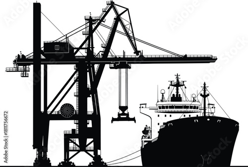 Industrial port crane loading cargo ship silhouette, maritime logistics infrastructure, container handling machinery at harbor terminal, global shipping 