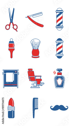 Collection of barber shop icons with chair brush and pole