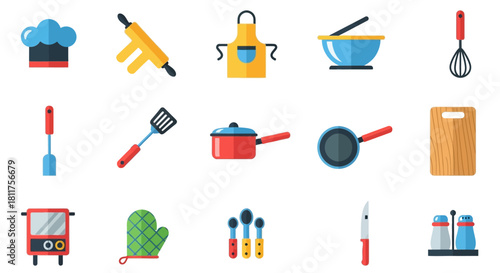 Collection of colorful kitchen utensils and tools, perfect for cooking and baking.