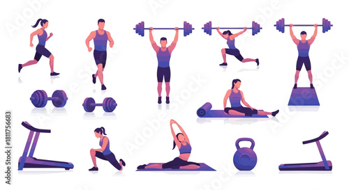 A comprehensive collection of people engaged in various fitness activities and exercise equipment for a healthy lifestyle.