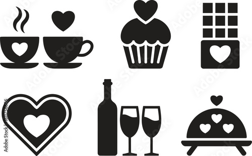 Romantic Coffee & Dessert Silhouette Icons – Cupcake, Heart Coffee, Chocolate, Wine