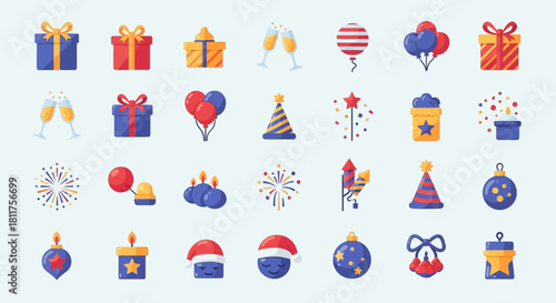 Collection of festive holiday icons, including gifts, balloons, champagne, fireworks, and party hats.