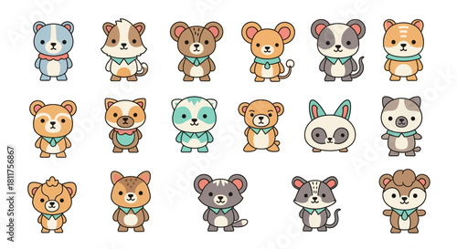 A charming collection of cute, kawaii-style cartoon animal characters isolated on a white background.