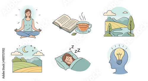 A collection of hand-drawn illustrations depicting self-care activities for mental well-being and relaxation.