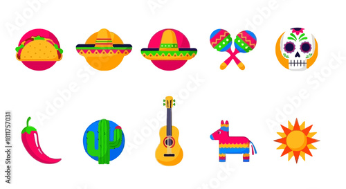 Mexican Fiesta Icons Featuring Sombreros Guitar Cactus Maracas And Pinata