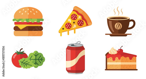 Illustration of fast food items including burger, pizza, coffee, soda, cake, tomato and lettuce.
