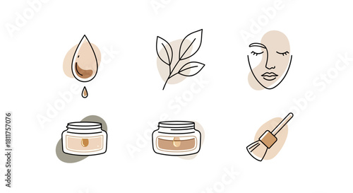 Line art icons of skincare products and ingredients on white background.