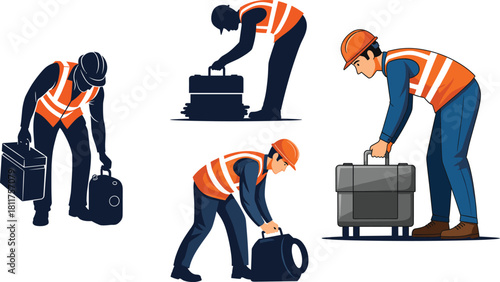 Vector Illustrations of Workers in Safety Gear Demonstrating Proper and Improper Lifting Techniques for Workplace Ergonomics and Injury Prevention