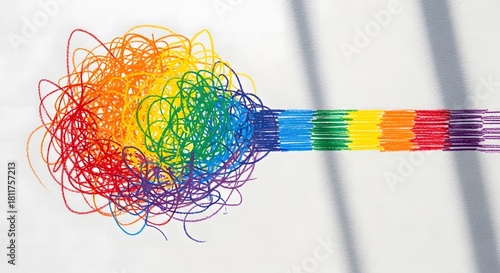 Colorful Tangled Threads Unraveling into an Organized Rainbow Line.