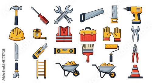 A collection of colorful cartoon construction tools and safety equipment isolated on a white background.