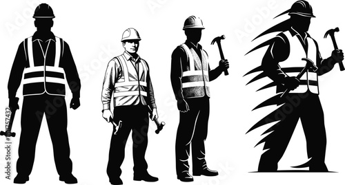 Vector Silhouettes of Construction Workers Holding Hammers Depicting Evolution, Motion, and Transformation in Safety Gear