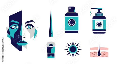 Digital illustration showcasing a collection of skincare and beauty items, including facial representation, sunscreens, and skin structure.