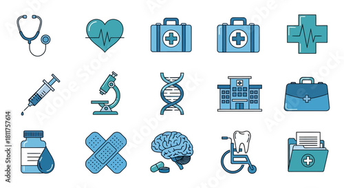 Medical icons set: stethoscope, heart, first aid kit, syringe, microscope, DNA, hospital, brain, tooth, folder.