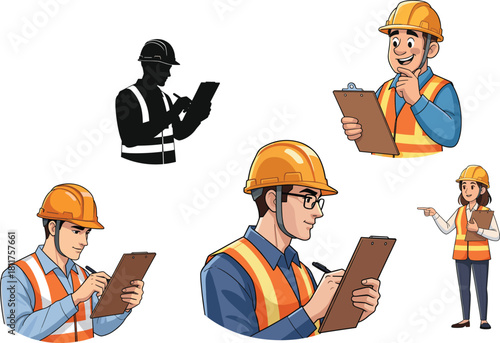Construction site inspectors in safety gear holding clipboards during inspection and documentation tasks on industrial work zones