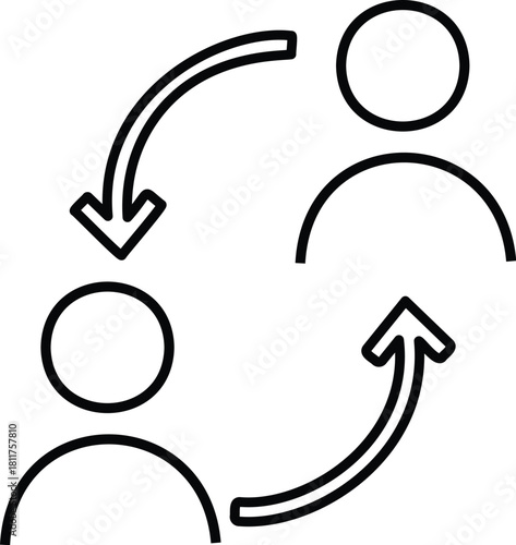 Replace Person Icons. Personnel Exchange Symbols. Reciprocal arrow people icon sign. User staff rotation icon set. Two people exchanging information on Transparent Background. 

