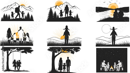 Silhouette families and individuals enjoying outdoor nature scenes with sunset, hiking, camping, and peaceful landscape activities